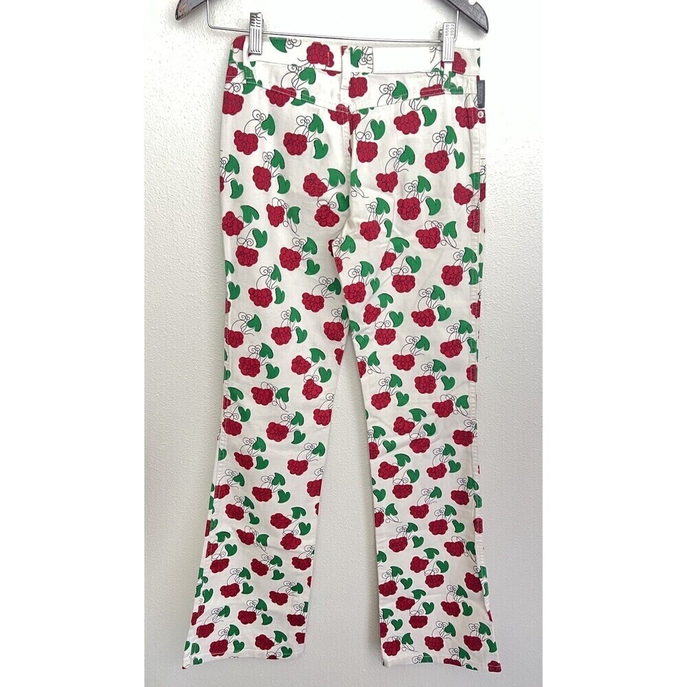 VTG 90s MOSCHINO White Flare Jeans Raspberry Leaf Print Red Green Y2K Cottage 26 - Picture 4 of 8